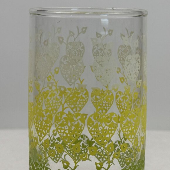 Set Of 4 Vintage Green Yellow Ombre Hearts and Vines Glass Tumblers 12 oz MCM - Picture 8 of 9